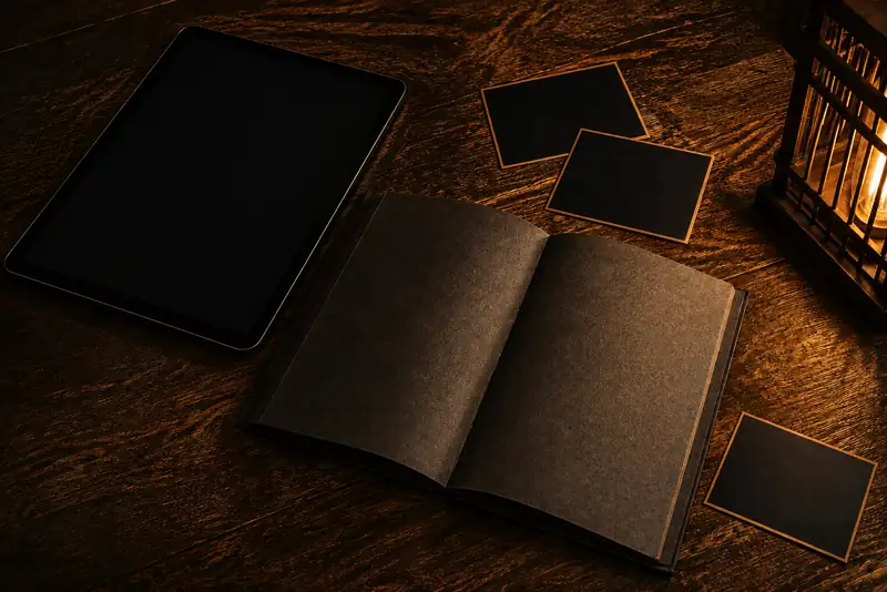 Koyu ahşap masada tablet, açık defter ve fotoğraf baskıları; temsili içerik hazırlığı.
