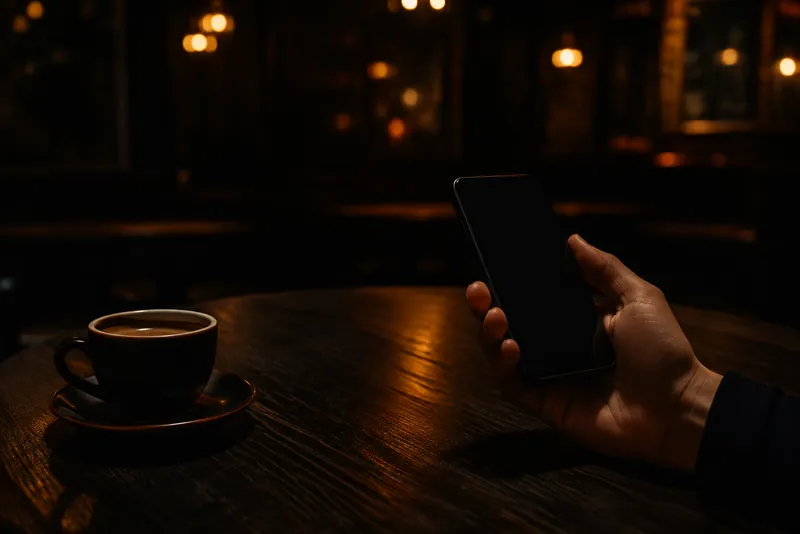 Loş bir kafede kahve yanında telefon tutan el; temsili QR menü kullanımı.